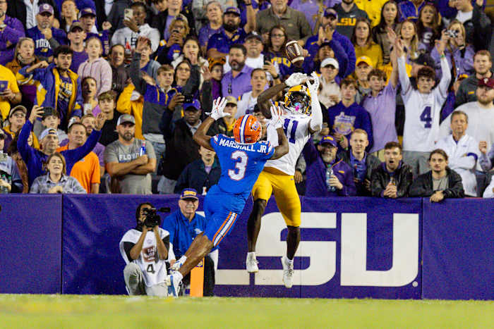 Florida Gators cornerback Jason Marshall Jr. (3) blocks the pass attempt to LSU Tigers wide receiver Brian Thomas Jr. (11) during the second half at Tiger Stadium.